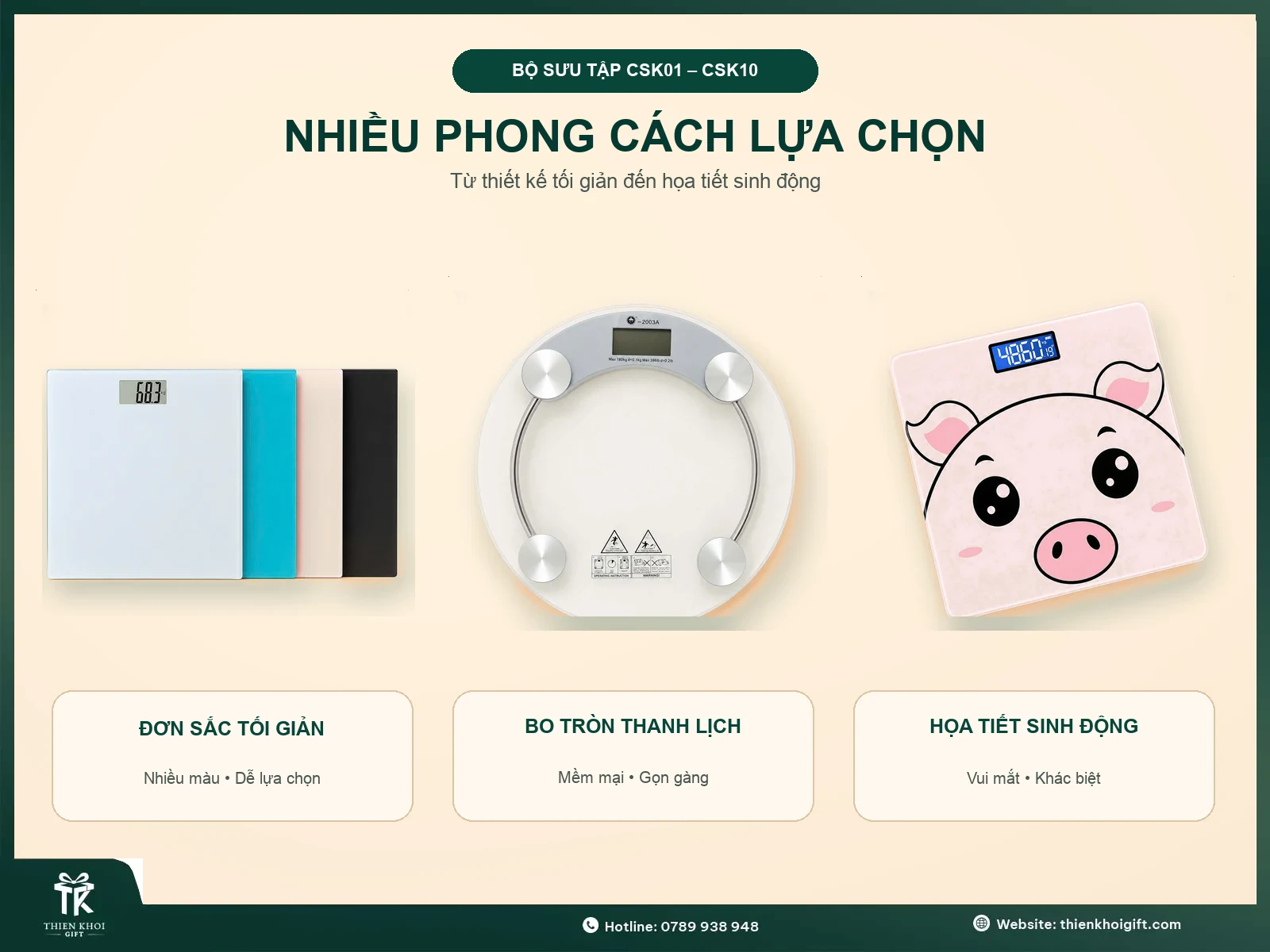 Các mẫu cân sức khỏe điện tử đơn sắc bo tròn và họa tiết sinh động