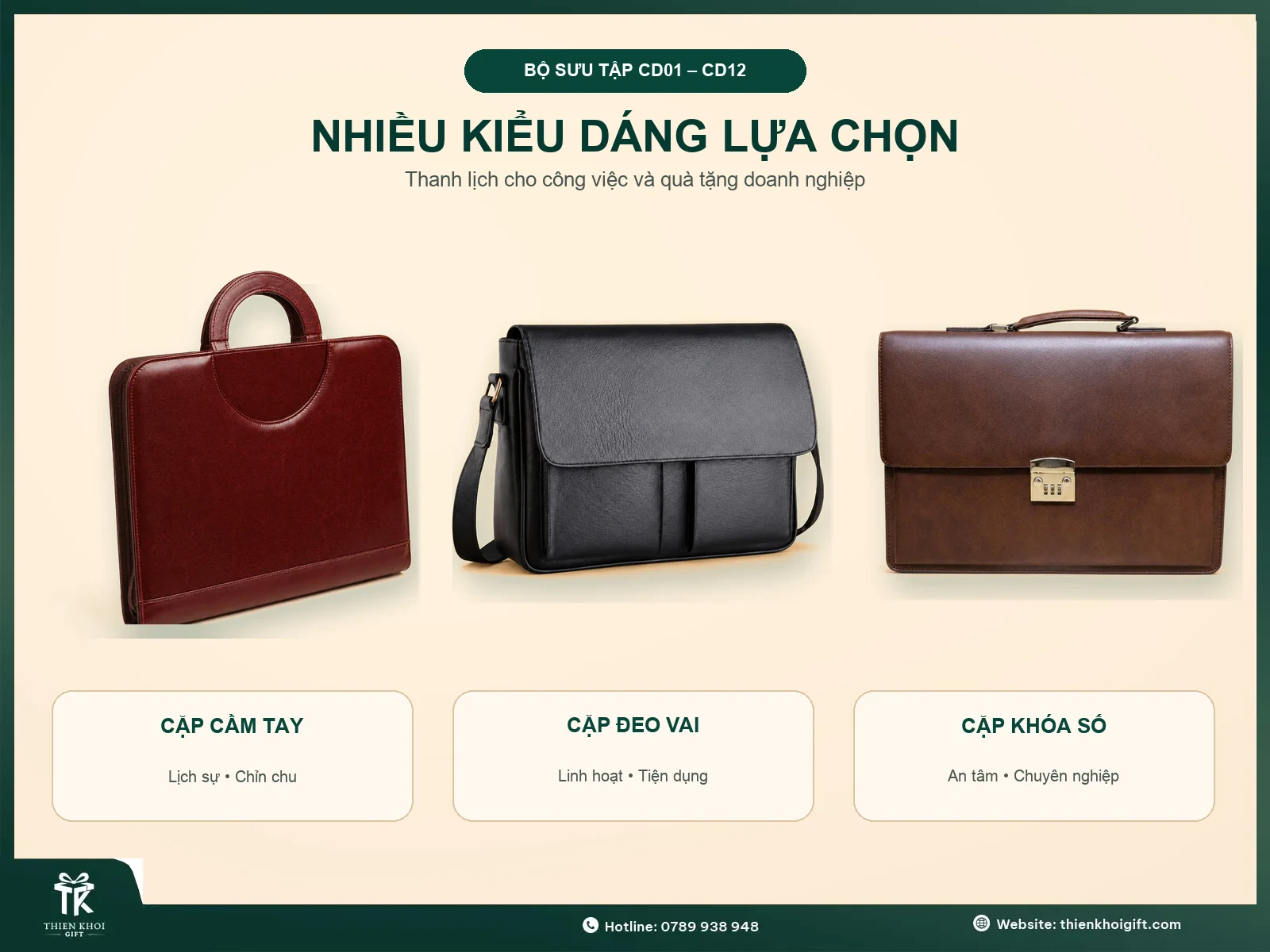 Cặp da công sở màu nâu cùng các tùy chọn màu sắc, kiểu dáng, ngăn chứa