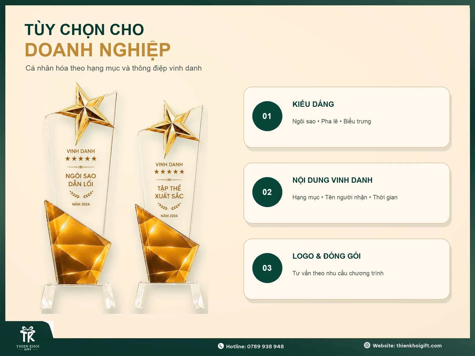 Tùy chọn kiểu dáng, nội dung vinh danh, logo và đóng gói cúp vinh danh doanh nghiệp