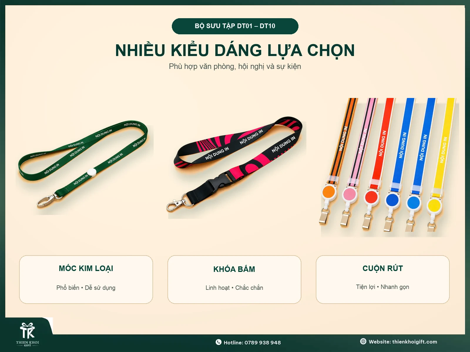 Các kiểu dáng dây đeo thẻ in logo gồm móc kim loại, khóa bấm và cuộn rút