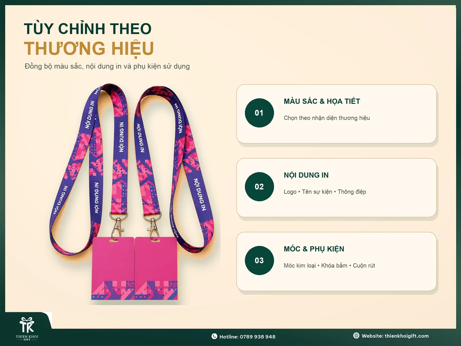 Alt: Tùy chỉnh dây đeo thẻ in logo theo màu sắc, họa tiết, nội dung và phụ kiện thương hiệu