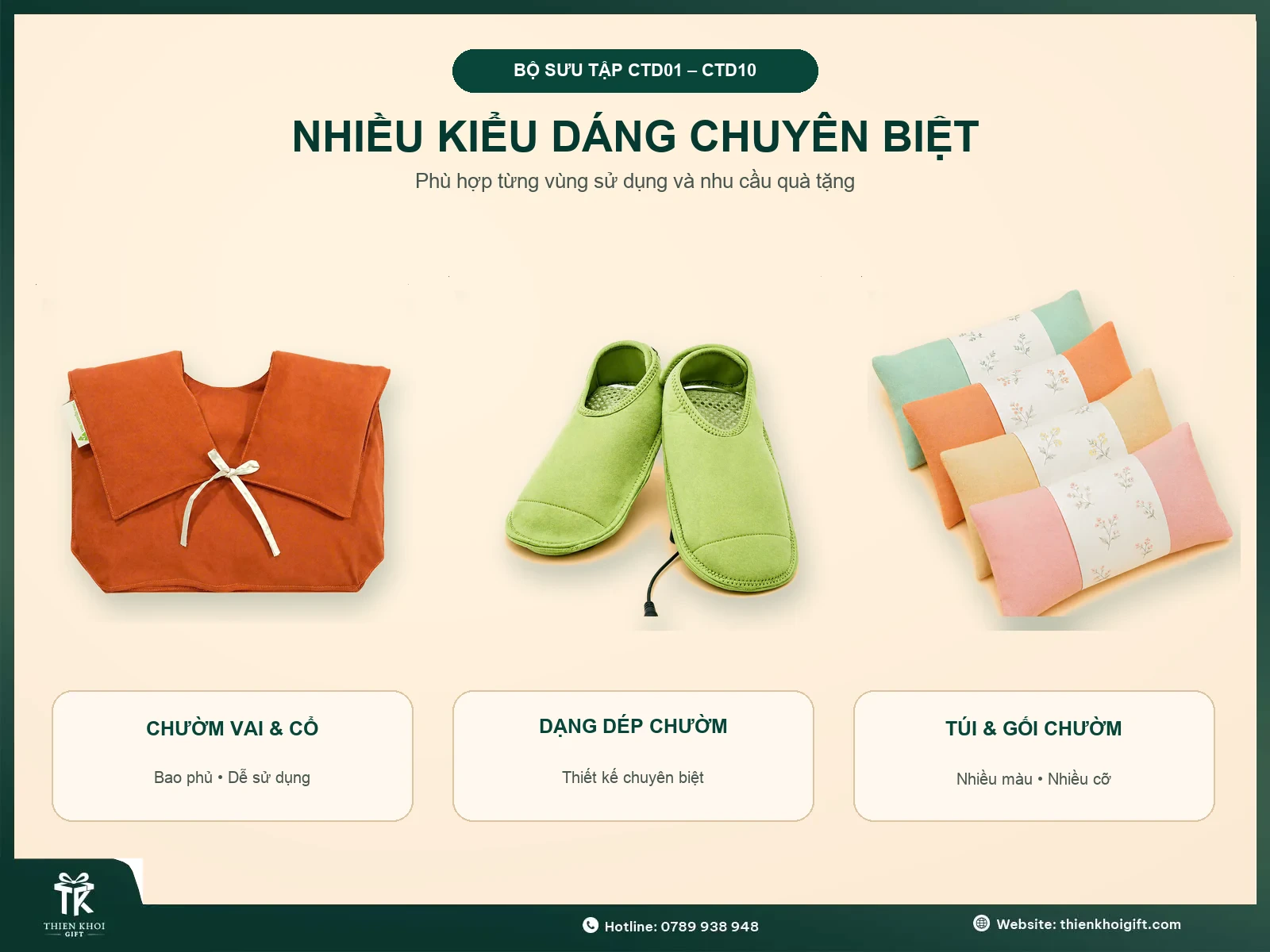 Các mẫu túi chườm thảo dược dạng chườm vai cổ, dép chườm và gối chườm
