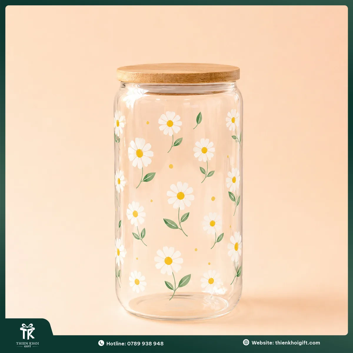 Ly thủy tinh hoa cúc nắp gỗ