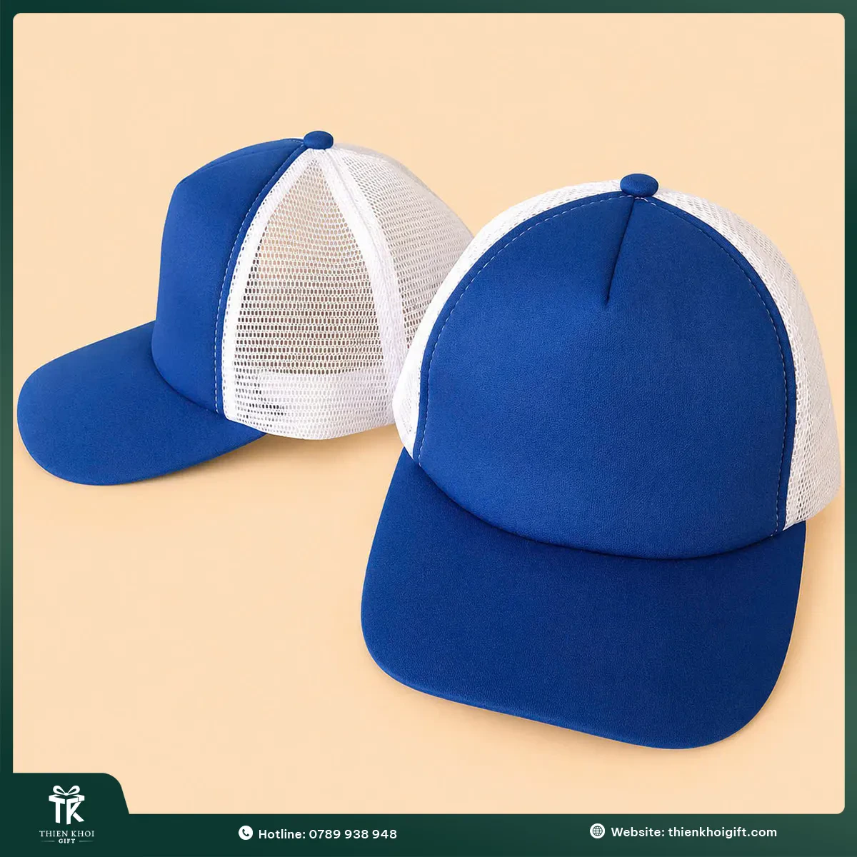Mũ thêu logo lưới trắng màu xanh