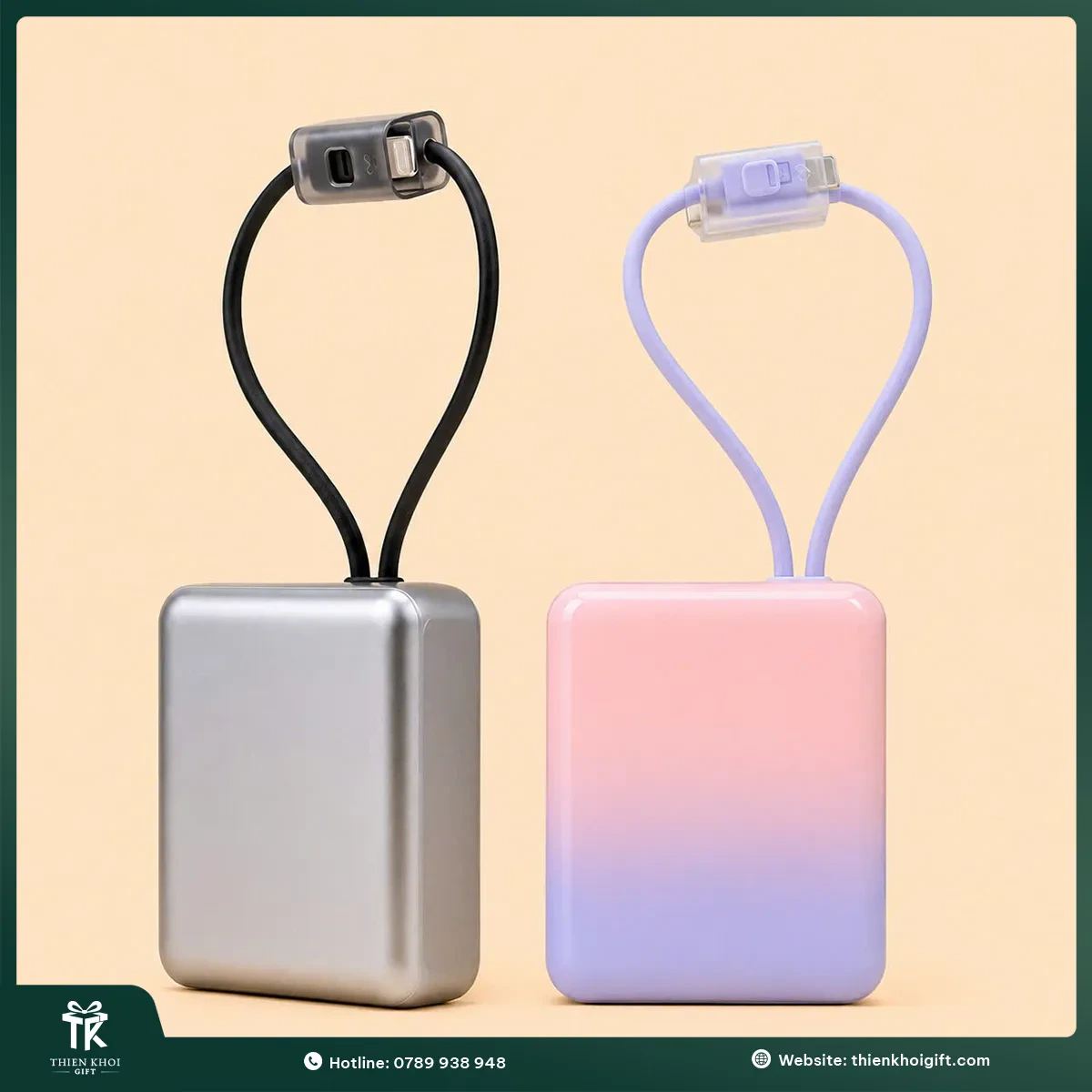 Pin sạc dự phòng mini tích hợp hai cáp