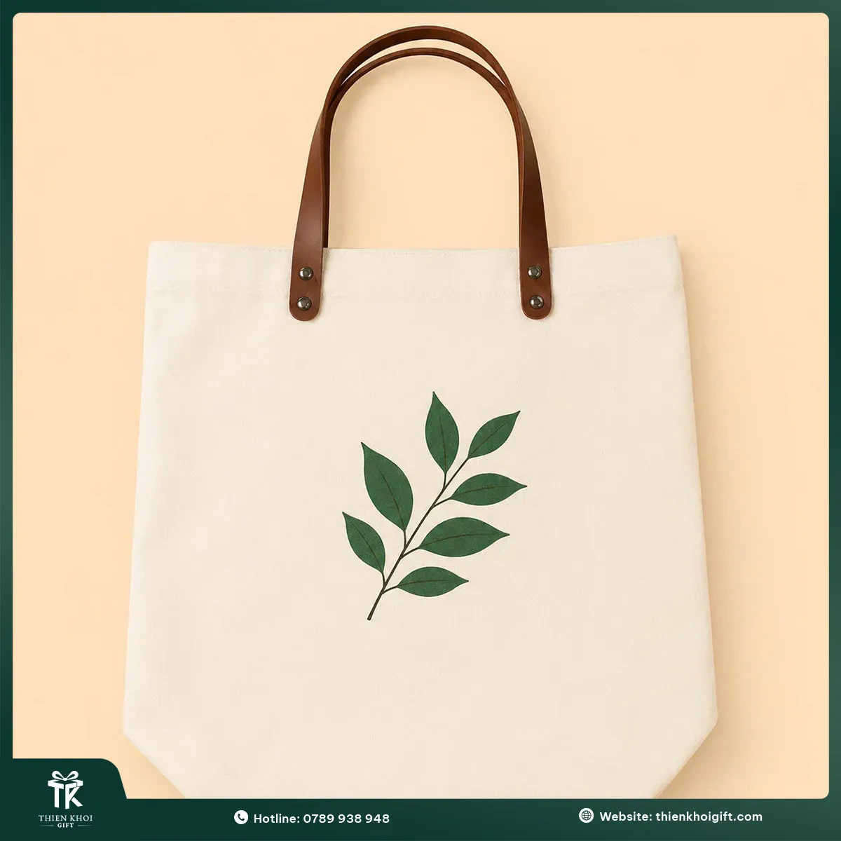Túi vải canvas quai da nâu họa tiết lá